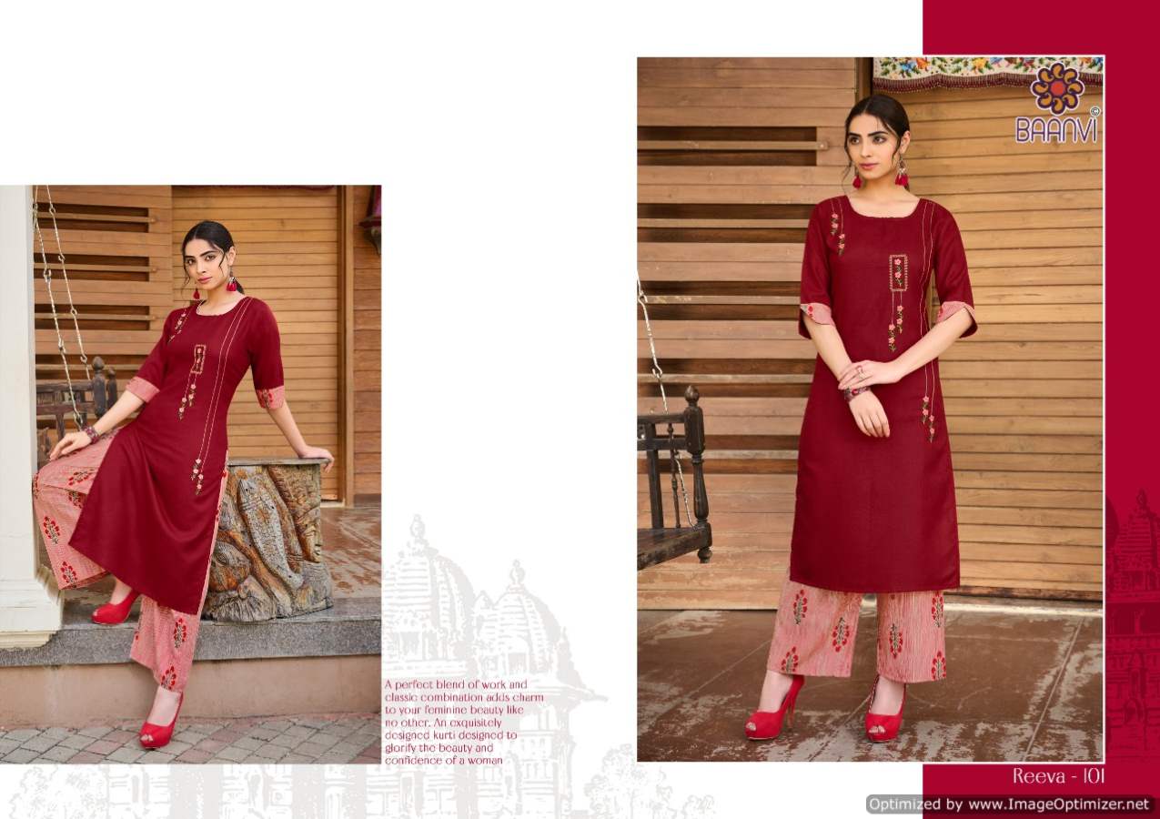Baanvi Reeva 1 Heavy Ethnic Wear Cotton With Embroidery Kurti With Palazzo Collection